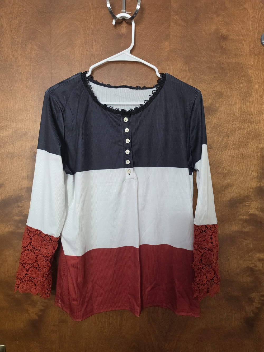 Women’s Colorblock Lace-Sleeve Long Sleeve Top - Black White Orange NWOT